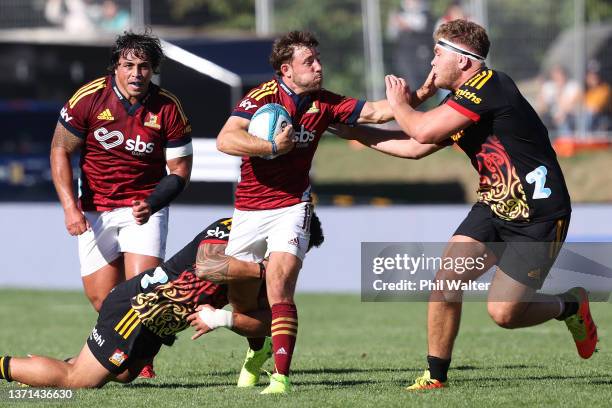 Mitch Hunt of the Highlanders during the round one Super Rugby Pacific match between the Chiefs and the Highlanders at Wakatipu Rugby Club on...