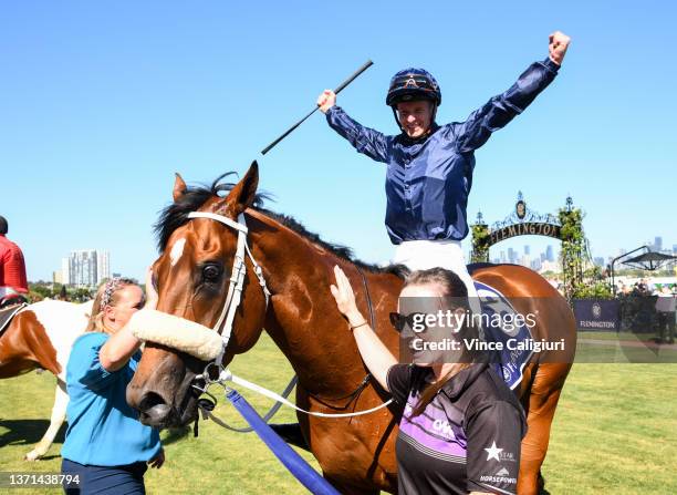 James McDonald reacts after riding Home Affairs to win in Race 7, the Black Caviar Lightning, during Melbourne Racing at Flemington Racecourse on...