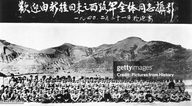 Red army troops photographed after an expedition to the Northwest on their return to Yan'an, 21 February 1940.