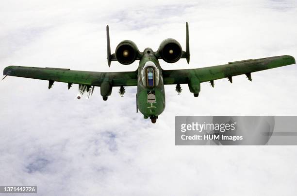 High angle front view of an A-10 Thunderbolt II aircraft, assigned to the 81st Tactical Fighter Wing, in flight. The aircraft is equipped with...