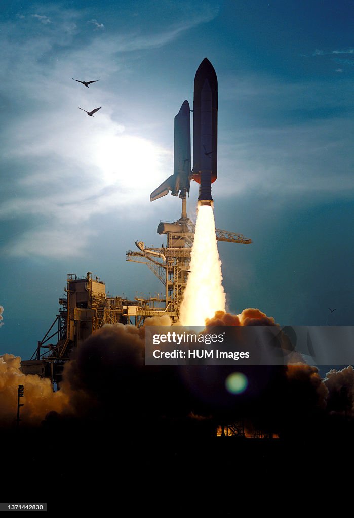 The Space Shuttle Discovery soars skyward from Launch Pad 39B on Mission STS-64 at 6:22:35 p.m. EDT, September 9, 1994