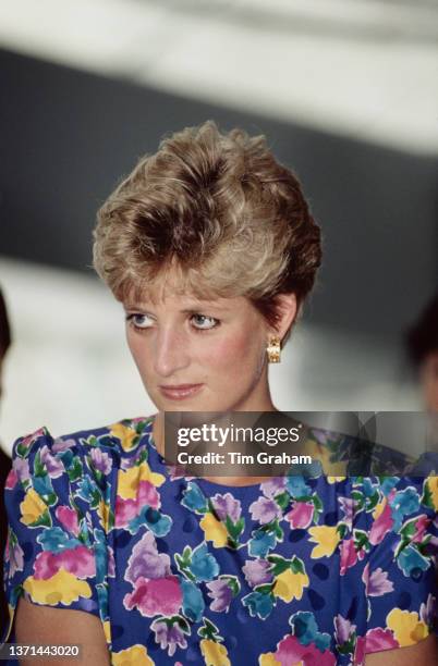 British Royal Diana, Princess of Wales , wearing a floral pattern Bellville Sassoon dress, during a visit to the Seville Expo '92 in Seville, Spain,...
