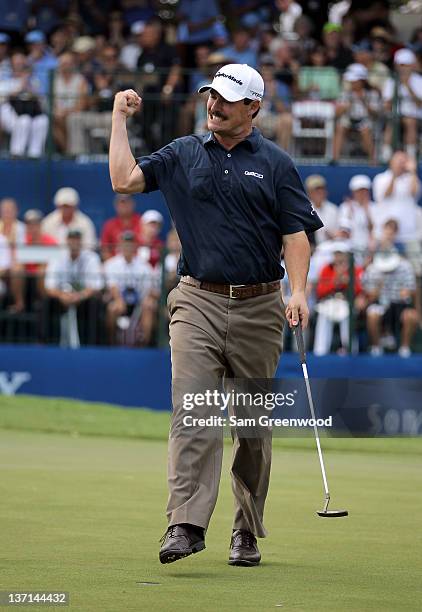 Johnson Wagner reacts after winning the Sony Open in Hawaii at Waialae Country Club on January 15, 2012 in Honolulu, Hawaii.