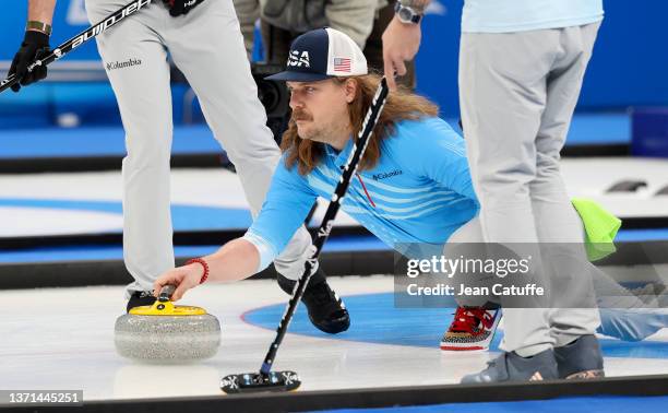 Matt Hamilton of Team United States during the Men's Curling Bronze Medal Game between Team USA and Team Canada on Day 14 of the Beijing 2022 Winter...