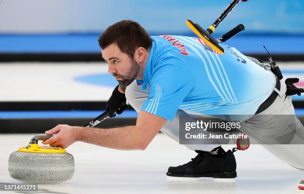 John Landsteiner of Team United States during the Men's Curling Bronze Medal Game between Team United States and Team Canada on Day 14 of the Beijing...