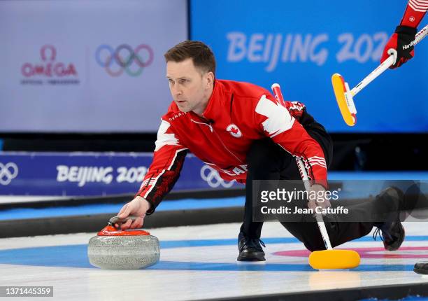 Brad Gushue of Team Canada during the Men's Curling Bronze Medal Game between Team USA and Team Canada on Day 14 of the Beijing 2022 Winter Olympic...