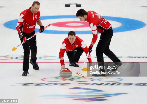 Brad Gushue of Team Canada , Geoff Walker, Brett Gallant during the Men's Curling Bronze Medal Game between Team USA and Team Canada on Day 14 of the...