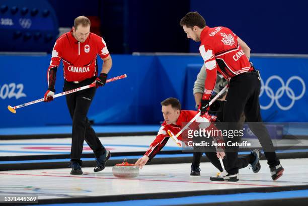 Brad Gushue of Team Canada , Geoff Walker, Brett Gallant during the Men's Curling Bronze Medal Game between Team USA and Team Canada on Day 14 of the...