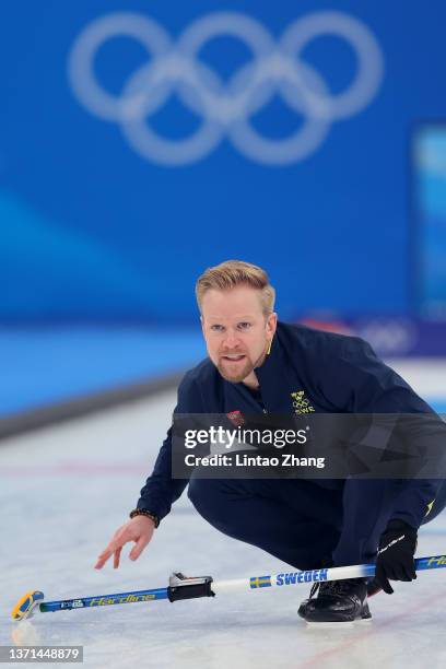 Niklas Edin of Team Sweden competes against Team Great Britain during the Men's Curling Gold Medal Game on Day 14 of the Beijing 2022 Winter Olympic...