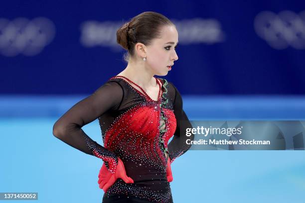 Kamila Valieva of Team ROC reacts after skating during the Women Single Skating Free Skating on day thirteen of the Beijing 2022 Winter Olympic Games...