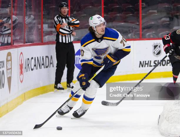 Oskar Sundqvist of the St. Louis Blues skates against the Ottawa Senators at Canadian Tire Centre on February 15, 2022 in Ottawa, Ontario, Canada.