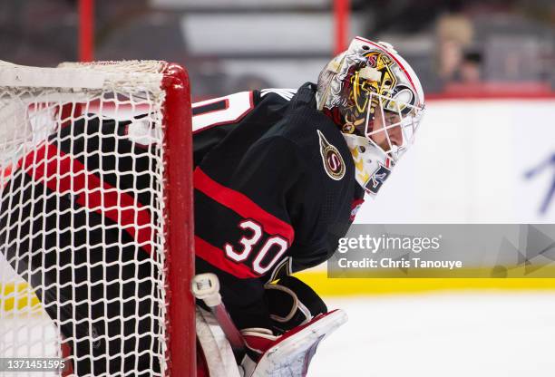 Matt Murray of the Ottawa Senators skates against the St. Louis Blues at Canadian Tire Centre on February 15, 2022 in Ottawa, Ontario, Canada.