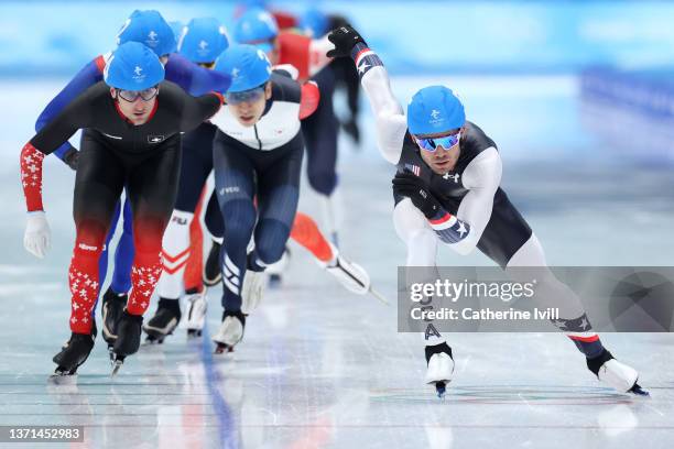 Joey Mantia of Team United States skates during the Men's Mass Start Semifinals on day fifteen of the Beijing 2022 Winter Olympic Games at National...