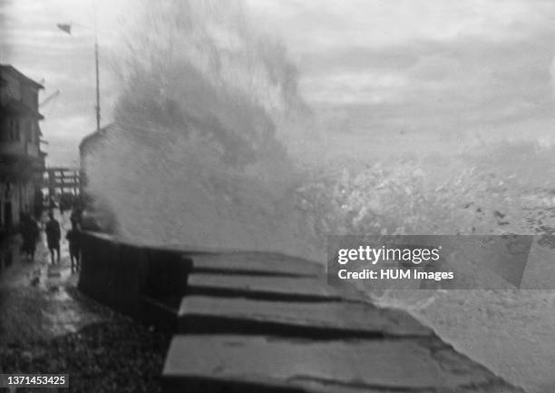 Middle East History - Jaffa to Jerusalem. Jaffa. A winter storm. Heavy waves breaking over the wall.