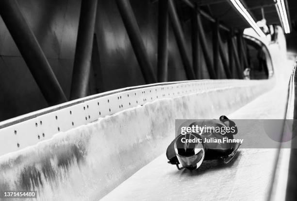 Mattia Gaspari of Team Italy slides during the Men's Skeleton Heat 3 on day seven of Beijing 2022 Winter Olympic Games at National Sliding Centre on...