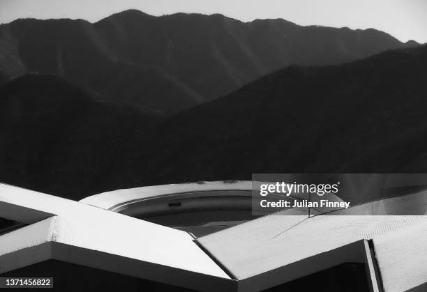 Mica McNeill of Team Great Britain slides during the 2-woman Bobsleigh training heats on day 12 of Beijing 2022 Winter Olympic Games at National...