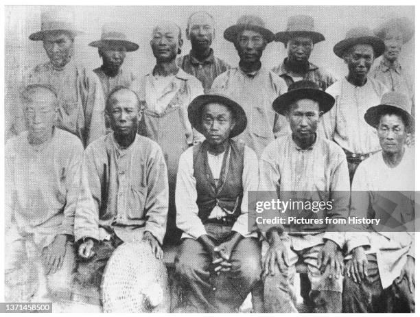 Chinese labourers engaged to work on the American Transcontinental Railroad system, 1880.