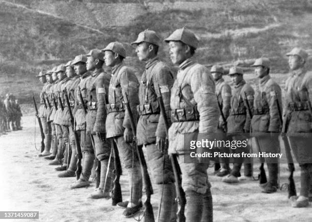 Soldiers of the Chinese communist Eighth Route Army on the drill field at Yan'an March 26, 1946. These soldiers are members of the 'Night Tiger'...