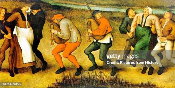 Depiction of dancing mania, on the pilgrimage of epileptics to the church at Molenbeek. A painting by Pieter Brueghel the Younger , after drawings by...