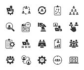 Vector set of management flat icons. Contains icons project management, coordination, online meeting, personnel management, team, skills, time management, remote management and more. Pixel perfect.