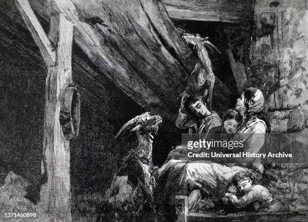 Mother and children trapped in a goat shed for seven weeks by an avalanche. From Le Journal de la Jeunesse, Paris, 1889.