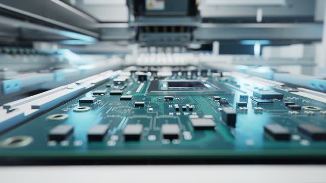 Macro POV Shot of Automatic Pick and Place machine quickly installs Components on Circuit Board. While board moving through Assembly Line. Electronics and Circuit board Manufacturing Factory.