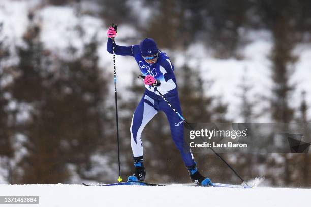 Remi Lindholm of Team Finland competes during the Men's Cross-Country Skiing 50km Mass Start Free on Day 15 of the Beijing 2022 Winter Olympics at...