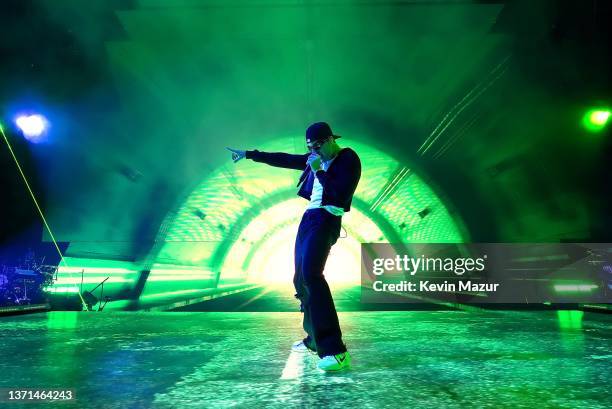 Justin Bieber performs onstage during the "Justice World Tour" at Pechanga Arena on February 18, 2022 in San Diego, California.