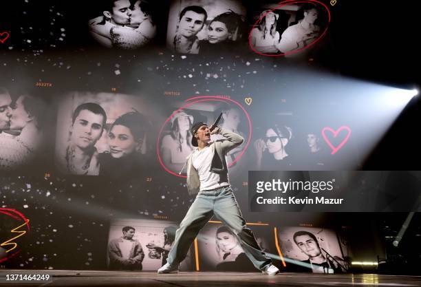 Justin Bieber performs onstage during the "Justice World Tour" at Pechanga Arena on February 18, 2022 in San Diego, California.