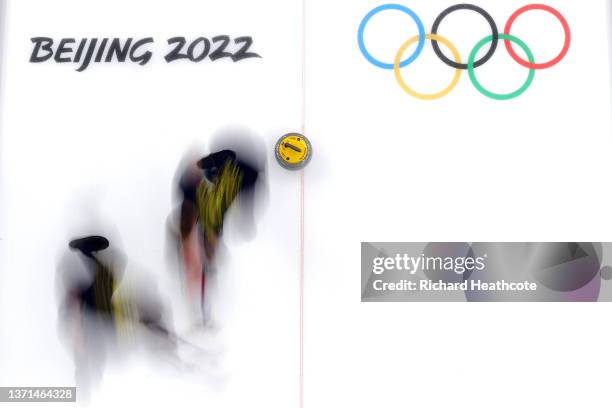 Players of Team Sweden compete against Team Great Britain during the Men's Curling Gold Medal Game on Day 14 of the Beijing 2022 Winter Olympic Games...