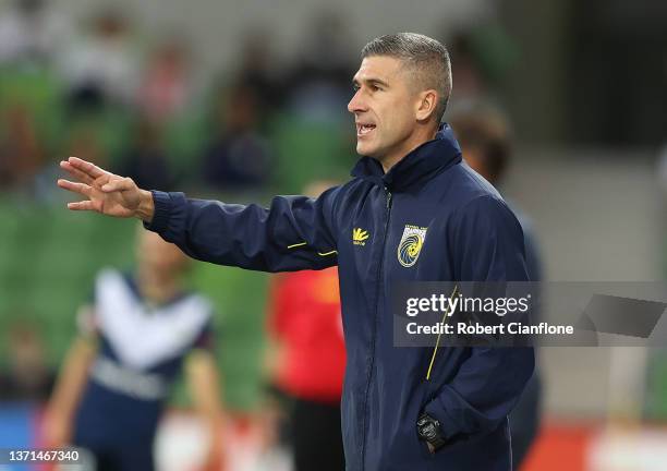 Mariners coach, Nick Montgomery gestures during the round 15 A-League Men's match between Melbourne Victory and Central Coast Mariners at AAMI Park,...