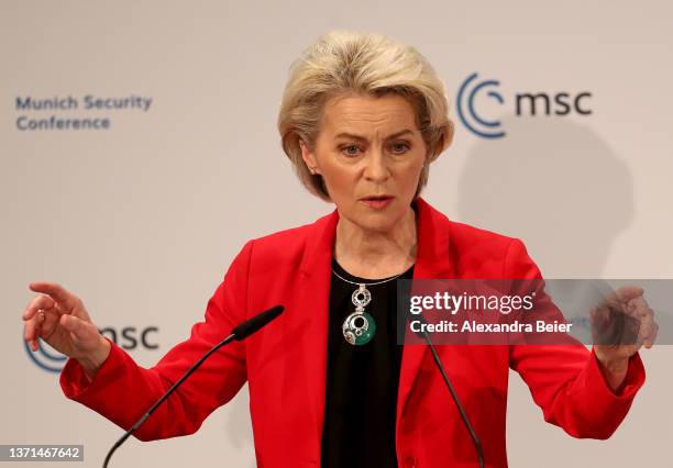 President of the European Commission Ursula von der Leyen gives her speech at the 2022 Munich Security Conference on February 19, 2022 in Munich,...