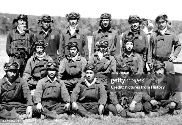 Japan/Papua New Guinea: Japanese pilots of the Tainan Air Group pose for a group photograph at Lae Airfield, New Guinea, June 1942.