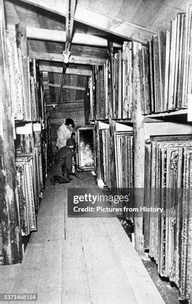 Monuments Men racks of stolen artwork at the Altaussee salt mine, Styria, central Austria, 1945.