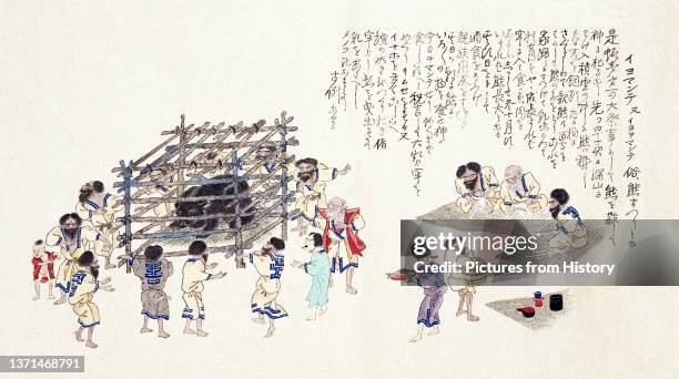 'The Ainu Bear-Killing Ritual', from Ezo Shima Kikan , painted handscroll, Hata Awagimaro , c. 1840.