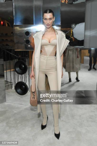 Bella Hadid wearing Burberry at Burberry Event To Celebrate the Rodeo Drive Takeover at Burberry on February 18, 2022 in Beverly Hills, California.