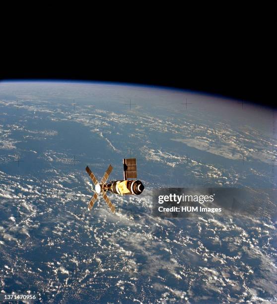 --- This overhead view of the Skylab Space Station was taken from the Departing Skylab Command/Service Module during the Skylab 2's final fly-around...