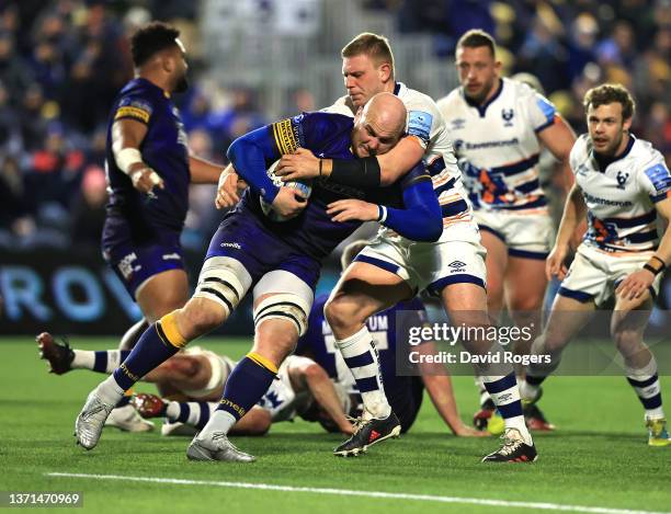 Matt Garvey of Worcester Warriors is tackled by Jake Kerr during the Gallagher Premiership Rugby match between Worcester Warriors and Bristol Bears...