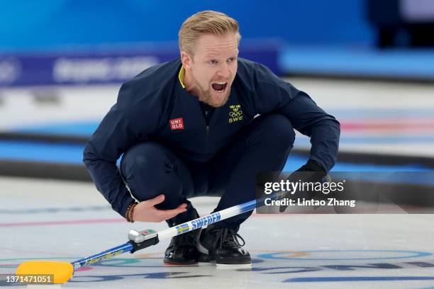 Niklas Edin of Team Sweden competes against Team Great Britain during the Men's Curling Gold Medal Game on Day 14 of the Beijing 2022 Winter Olympic...