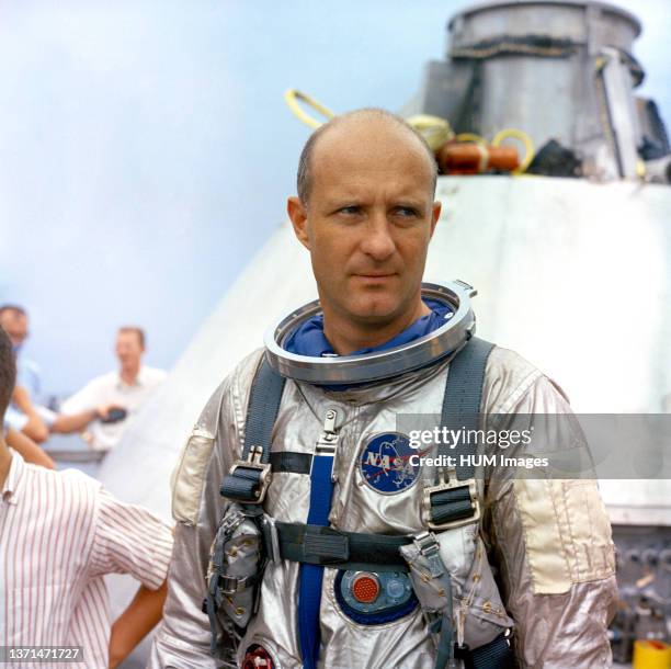 Astronaut Thomas P. Stafford, Gemini-6 prime crew pilot, is pictured onboard the NASA Motor Vessel Retriever in the Gulf of Mexico during water...