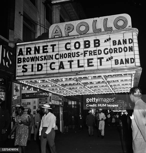 View of the Apollo Theatre marquee, New York, N.Y., between 1946 and 1948.