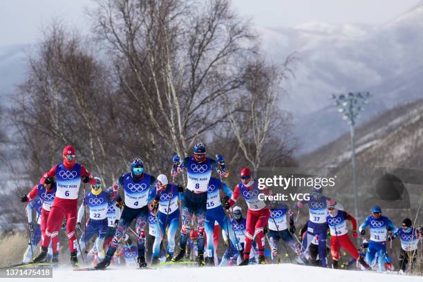 Athletes compete during the Men's Cross-Country Skiing 50km Mass Start Free on Day 15 of the Beijing 2022 Winter Olympics at The National...