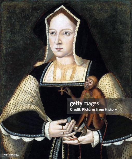 Portrait of Catherine of Aragon , Queen of England from 1509 to 1533 as the first wife of Henry VIII of England. Oil on oak panel, unknown artist,...