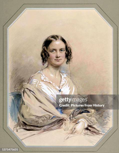 Emma Wedgewood , wife of Charles Darwin, aged 32 years. Chalk and water-colour drawing by George Richmond , 1840.