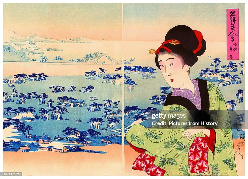 Japan:'A bijin (a beauty) compared to the beauty of the pine covered islands at Matsushima, Rikuzen Province', Meiji Period woodblock by Toyohara Chikanobu (1838-1912), 1 July 1898