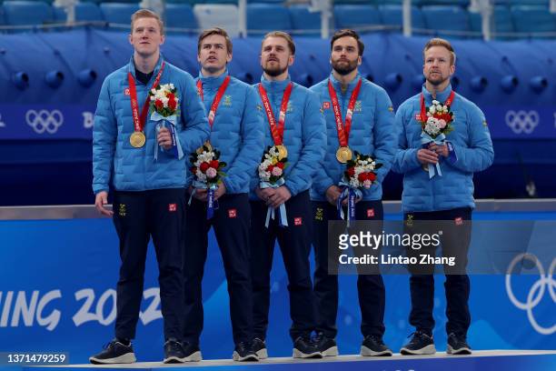 Gold medallists Daniel Magnusson, Christoffer Sundgren, Rasmus Wranaa, Oskar Eriksson and Niklas Edin of Team Sweden pose during the Men's Curling...