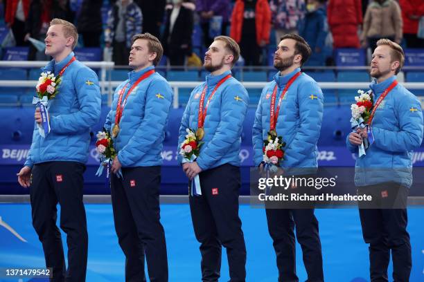 Gold medallists Daniel Magnusson, Christoffer Sundgren, Rasmus Wranaa, Oskar Eriksson and Niklas Edin of Team Sweden pose during the Men's Curling...