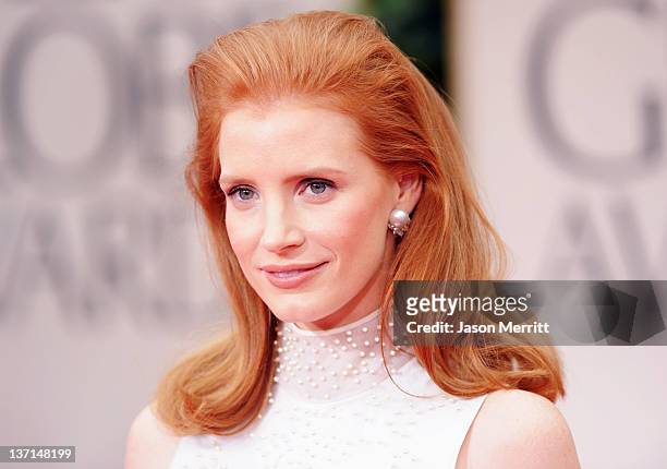 Actress Jessica Chastain arrives at the 69th Annual Golden Globe Awards held at the Beverly Hilton Hotel on January 15, 2012 in Beverly Hills,...