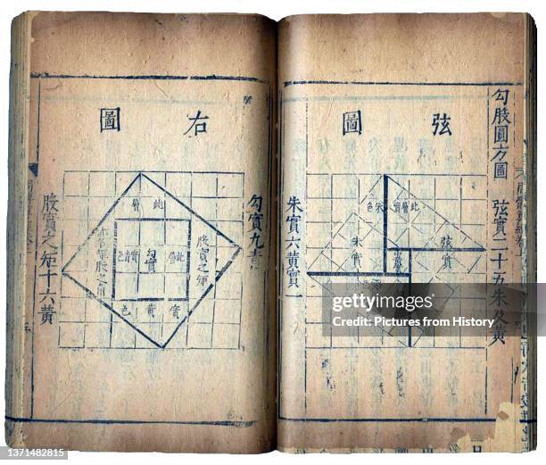 Two pages from the Zhoubi suanjing , illustrating the 'Gougu Theorem' or Pythagorian Theorem. Dating from the Zhou Dynasty, this version is from a...