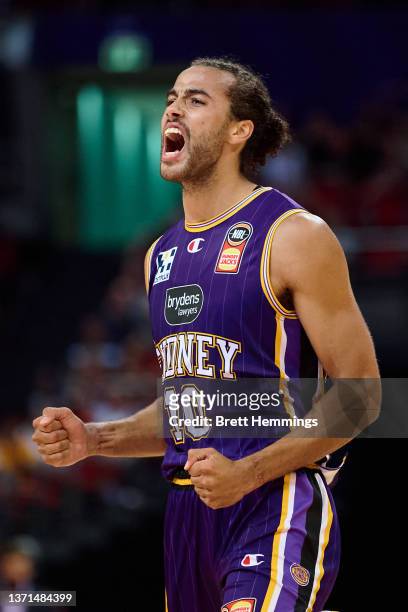 Xavier Cooks of the Kings celebrates a point during the round 12 NBL match between Sydney Kings and Perth Wildcats at Qudos Bank Arena on February 19...